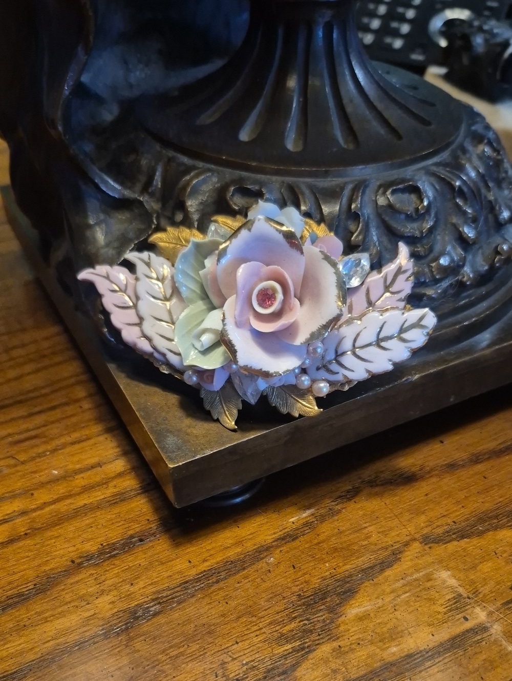 Handcrafted Porcelain HUGE Pink Floral Brooch with Gold Trim Filagree Backing